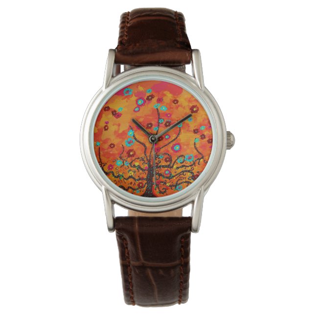 Brown Tree Of Life花とオレンジ色ボホ 腕時計 (正面)