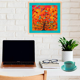 Brown Tree Of Life W/ Flowers & Orange Color Boho  ポスター