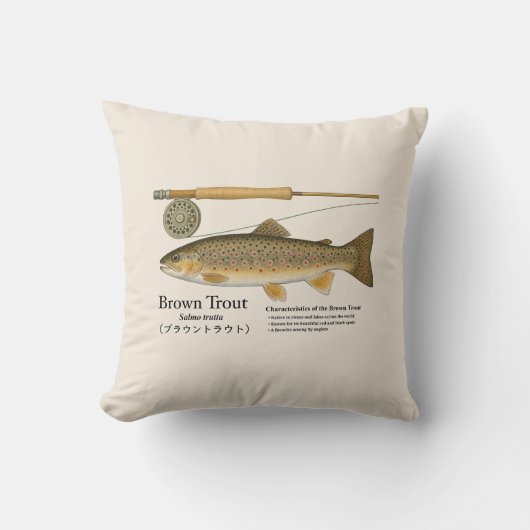 Brown Trout Fly Fishing Throw Pillow クッション (正面)