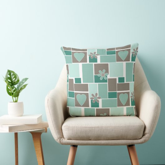 Brown turquoise patchwork of square patches  クッション (椅子)