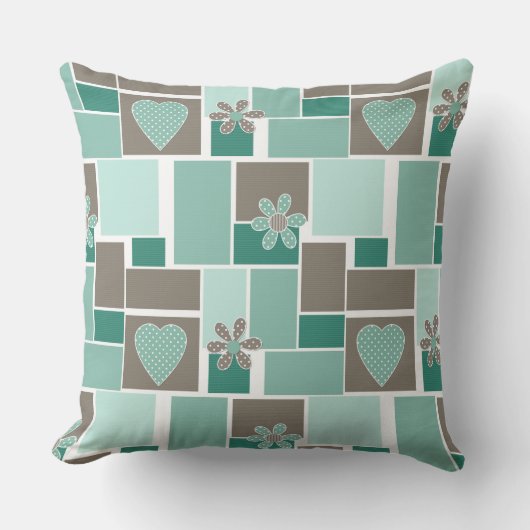 Brown turquoise patchwork of square patches  クッション (正面)