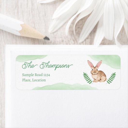 Brown Watercolor Bunny Rabbit With Green Spring ラベル (インサイチュ)