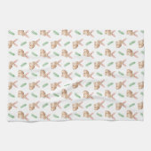 Brown Watercolor Bunny With Foliage Pattern キッチンタオル (横)