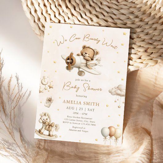 Brown We Can Bearly Wait Teddy Bear Plane 招待状