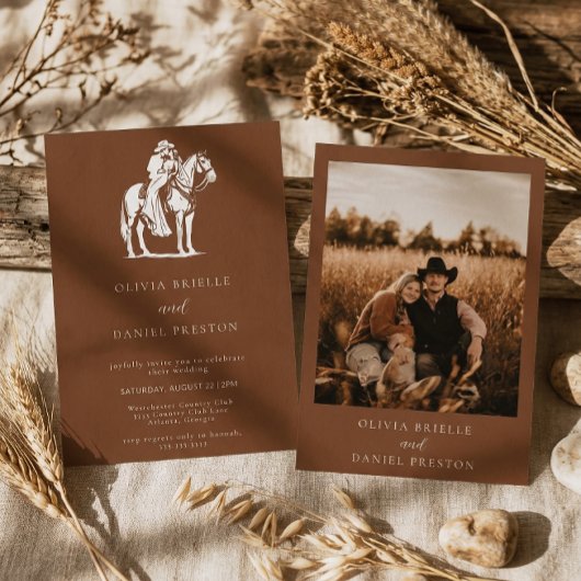 Brown Western Rustic Horse Country Photo Wedding 招待状