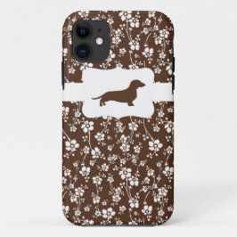 Brown&Whiteの花柄w/Dachshund iPhone 11 ケース