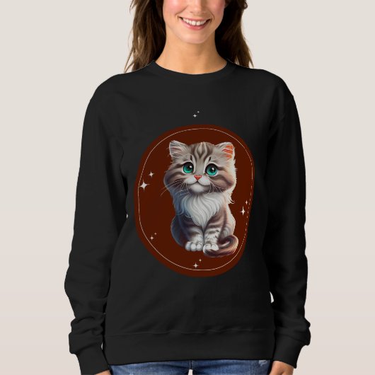 Brown White Illustrated Cute Cat T-Shirt スウェットシャツ (正面)