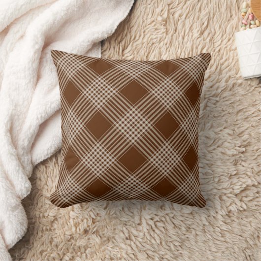 Brown & White Plaid Throw Pillow  クッション (ブランケット)