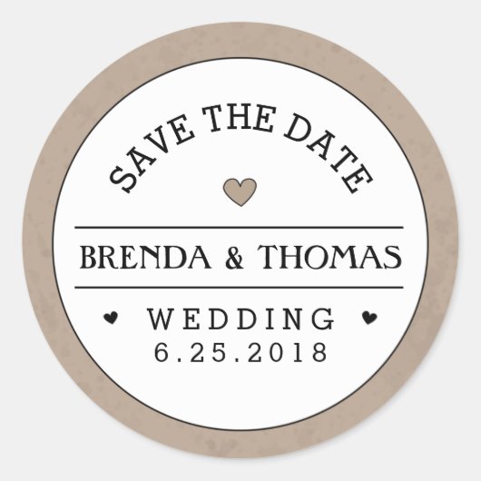 Brown & White Wedding Save the Date Round Label ラウンドシール (正面)