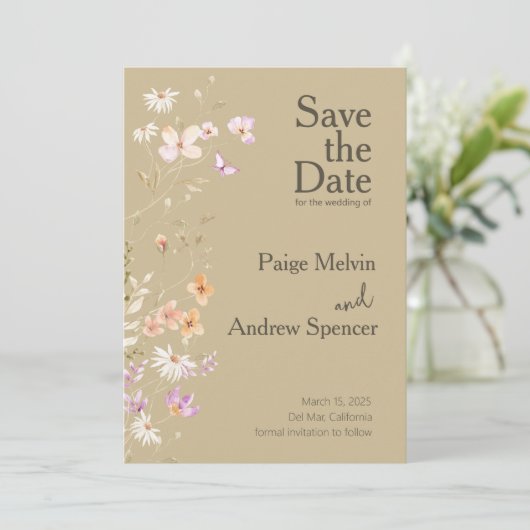 Brown Wildflowers Wedding Save the Date 招待状 (スタンド正面)