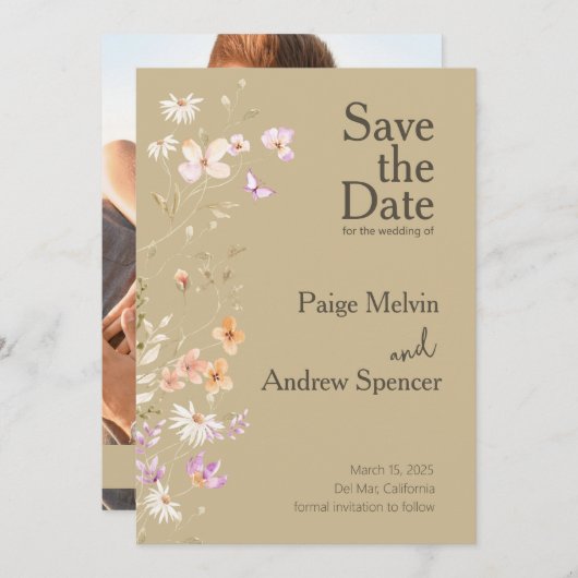 Brown Wildflowers Wedding Save the Date 招待状 (正面/裏面)