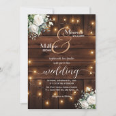 Brown Wood String Lights QRコードバラ結婚ズ 招待状 (正面)