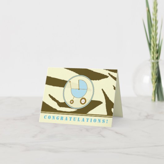 Brown Zebra Print/Blueベビーおめでとうカード カード (正面)