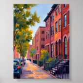 Brownstone City Street | Boston Brick Watercolor  ポスター (正面)