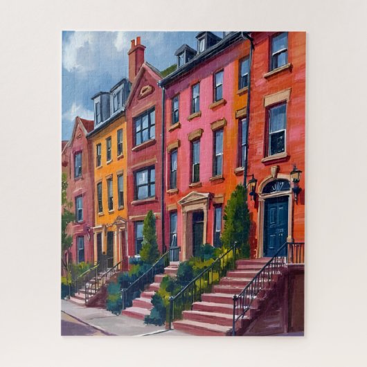Brownstone City Street Watercolor Painting ジグソーパズル (縦)