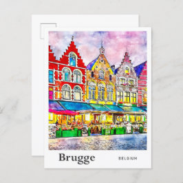 Bruggeベルギー旅行水の色の手描き ポストカード
