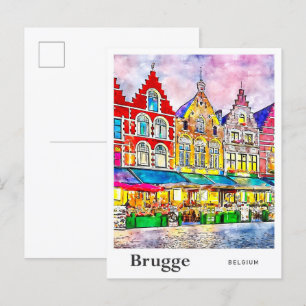 Bruggeベルギー旅行水の色の手描き ポストカード