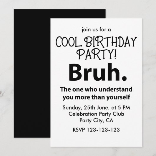 Bruhタイポグラフィティーン男子誕生日Bruh 招待状 (正面/裏面)