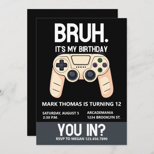 BRUHバースデーパーティアーケードゲーマーボーイ10代のー 招待状 (正面/裏面)
