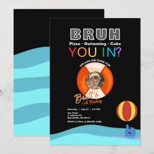 「Bruhプールパーティー」誕生日招待状（写真付き） 招待状 (正面/裏面)