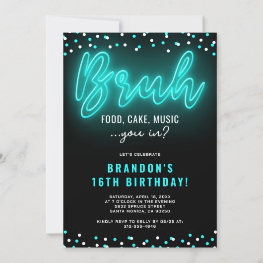 BRUHボーイ10代のネオンバースデーパーティー 招待状 (正面)