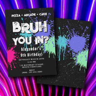 Bruh少年の誕生日パーティーのネオン graffiti ティーンエイジャー 招待状