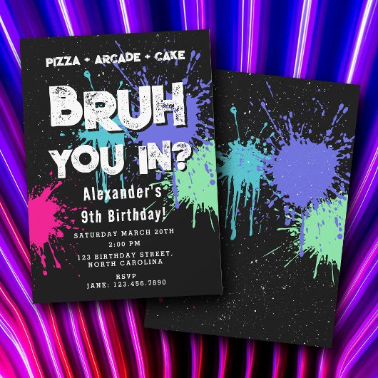 Bruh少年の誕生日パーティーのネオン graffiti ティーンエイジャー 招待状