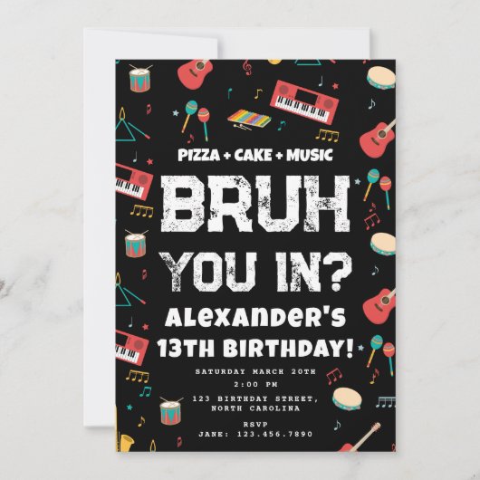 Bruh少年の誕生日パーティーティーンエイジャーミュージックバンド 招待状 (正面)