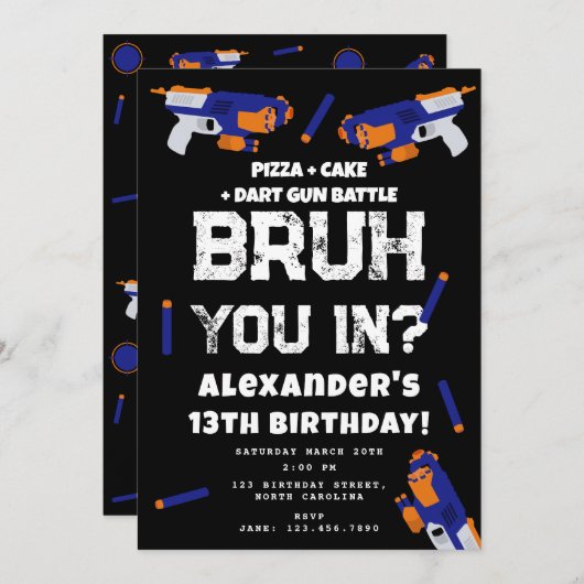 Bruh少年の誕生日パーティー ティーン ダーツ銃バトル 招待状 (正面/裏面)