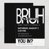 BRUH誕生日パーティー ティーン男子 ブラック＆ホワイト 招待状 (正面/裏面)