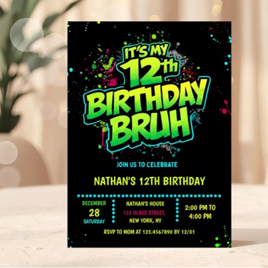 Bruh 12歳の誕生日おめでとう ネオン モダン インビテーション