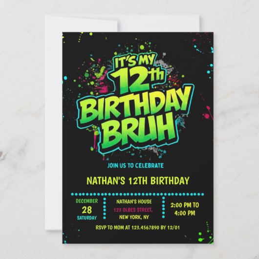 Bruh 12th Birthday Boy Neon Modern Invitation 招待状 (正面)