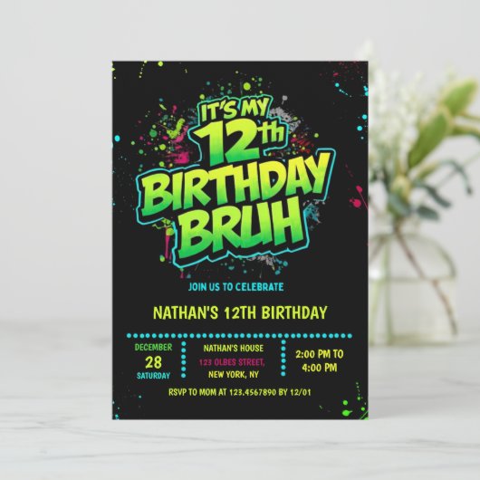 Bruh 12th Birthday Boy Neon Modern Invitation 招待状 (スタンド正面)