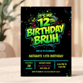 Bruh 12th Birthday Boy Neon Modern Invitation 招待状