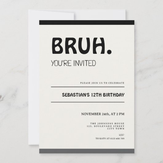 Bruh 12th Birthday Invitation Teens Boy Party 招待状 (正面)