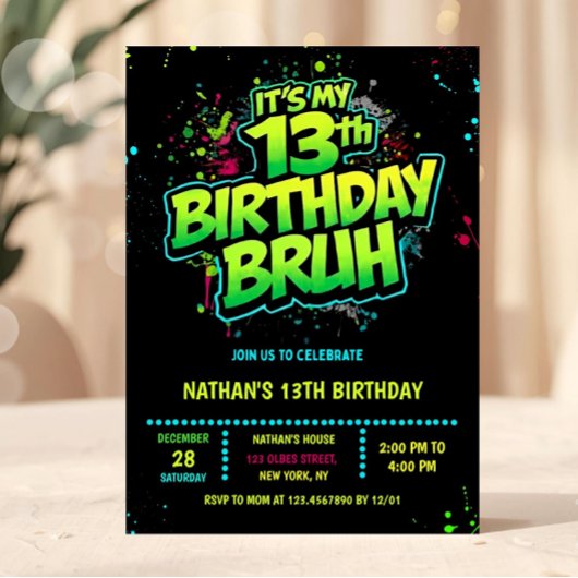 Bruh 13歳の誕生日おめでとう ネオンモダン招待状 招待状