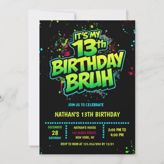 Bruh 13th Birthday Boy Neon Modern Invitation 招待状 (正面)