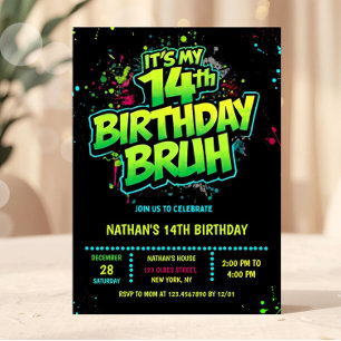 Bruh 14歳の誕生日おめでとう ネオン モダン インビテーション
