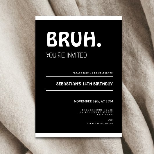 Bruh 14th Birthday Invitation Teens Boy Black 招待状