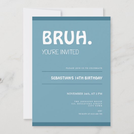 Bruh 14th Birthday Invitation Teens Boy Blue 招待状 (正面)