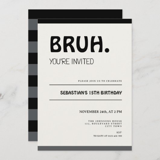 Bruh 15th Birthday Invitation Teens Boy Party 招待状 (正面/裏面)