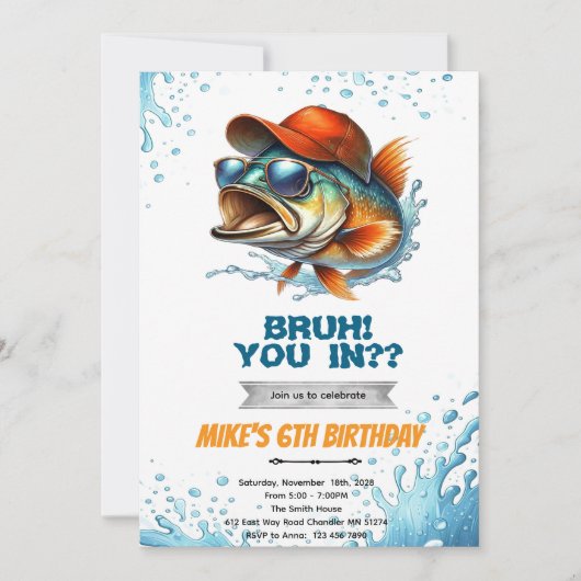 Bruh Bass Fishing Birthday Invitation 招待状 (正面)