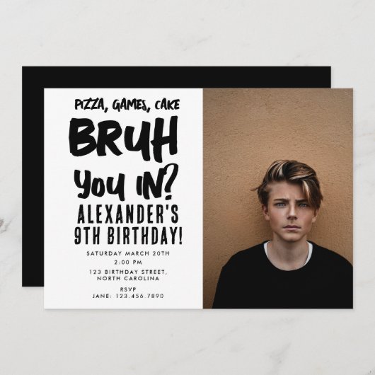 Bruh Boyの10代の若者誕生日パーティー10代のBoy Photo 招待状 (正面/裏面)