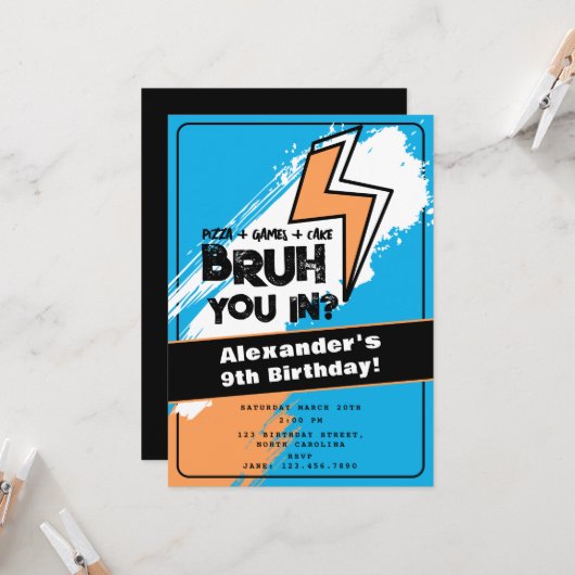 Bruh Boy's Birthday Graffiti Orange Blue Cool 招待状 (正面/裏面インサイチュ)