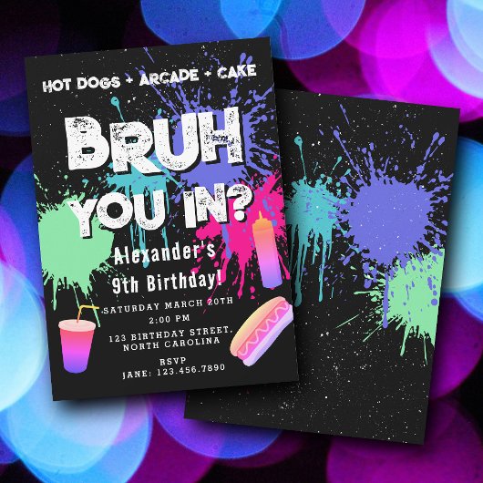 Bruh Boys Birthday Neon Graffiti Teenager Hot Dogs 招待状