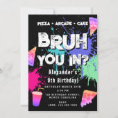 Bruh Boy's Birthday Neon Graffiti Teenager Pizza 招待状 (正面)