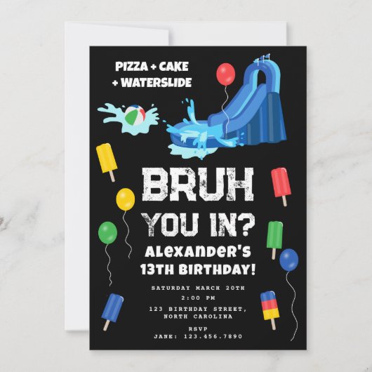 Bruh Boy's Birthday Party Teenager Waterslide 招待状 (正面)