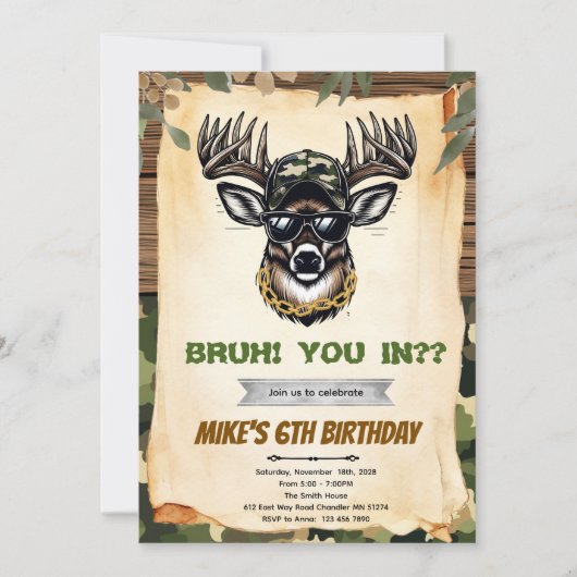 Bruh camo deer hunting party invitation 招待状 (正面)