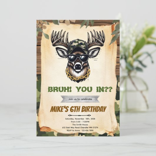 Bruh camo deer hunting party invitation 招待状 (スタンド正面)