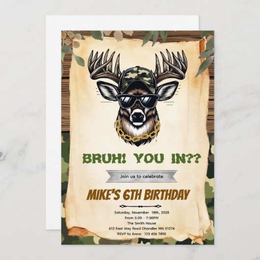 Bruh camo deer hunting party invitation 招待状 (正面/裏面)